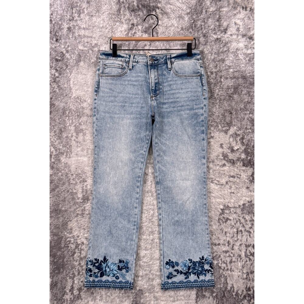 DRIFTWOOD Light Wash Straight Leg Jeans with Blue Floral Embroidery